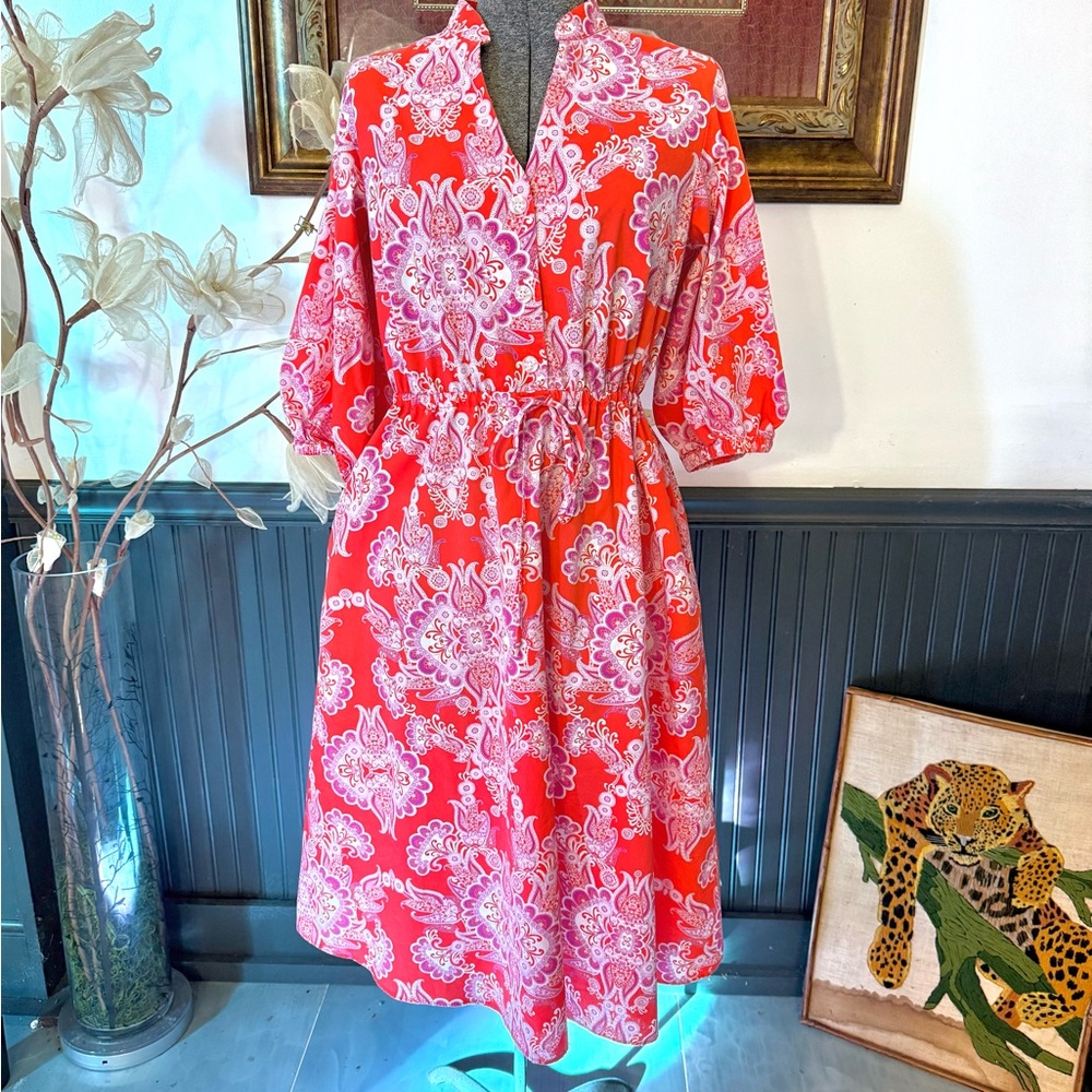 52Seven Colorful Paisley Balloon Sleeve Cotton Blend Midi Shirt Dress ~ Sz 8 💛🍄